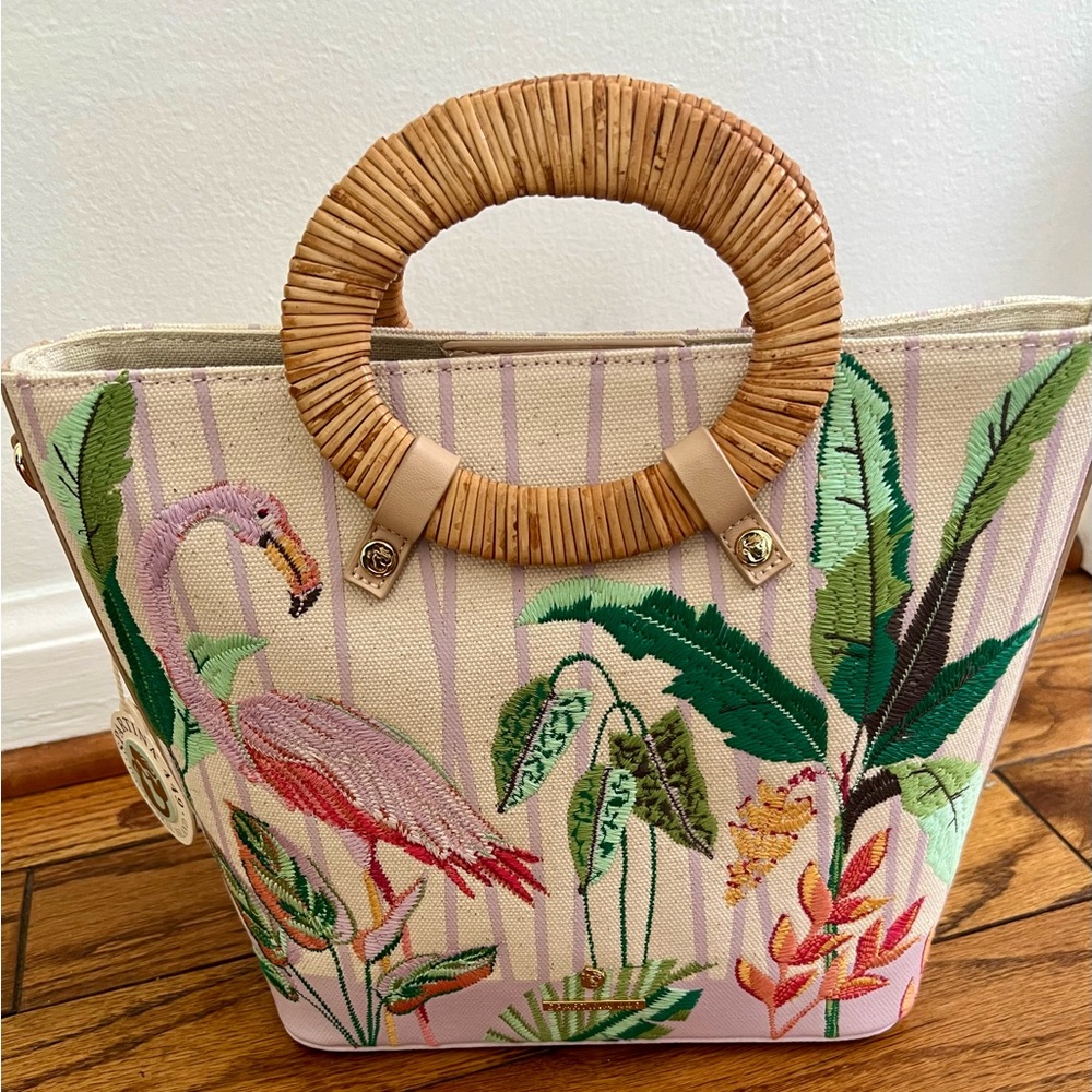 Spartina 449 Lauren Flamingo and Tropical Leaf Tote with Bamboo Handles